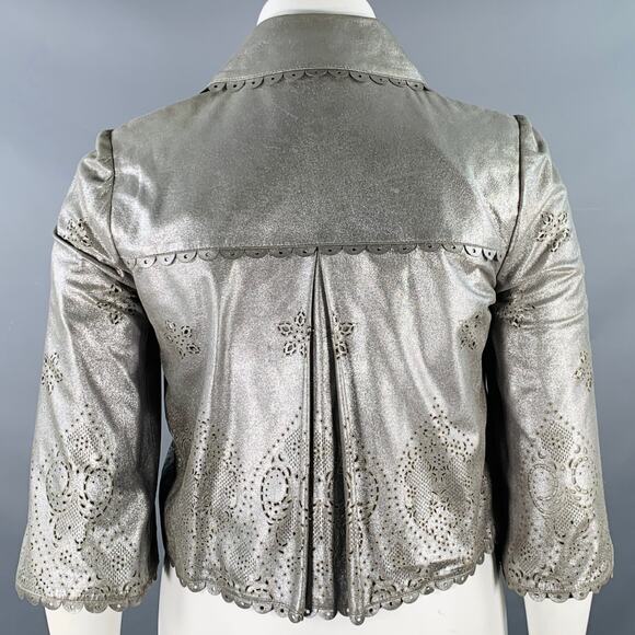 10 Silver Perforated Leather Peter Pan Collar Single Button Jacket Blazer - Picture 5 of 12